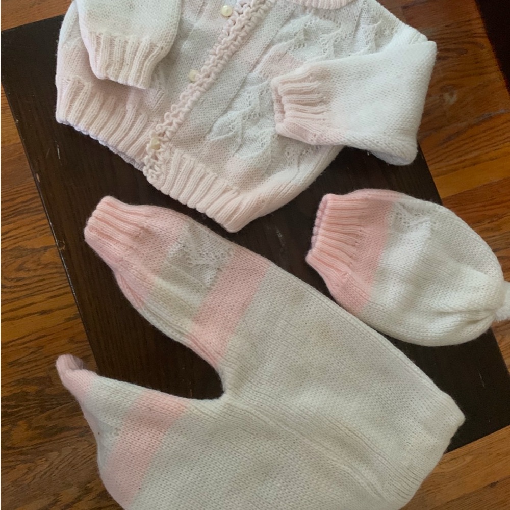 Pink and White Kids Knit Jacket Set